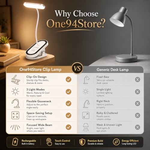 Image of One94Store FlexiBeam Design Rechargeable LED Clip Lamp | Wide Beam Flexible Desk & Bedside Light | USB Powered Study & Reading Lamp with Clamp Base | White