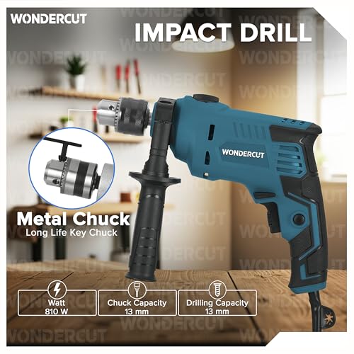 Image of WONDERCUT 810W, Professional, 2900 RPM, 2 Mode Selector, Variable Speed WC-ED13MM-B+7 Impact Pistol Grip Drill with 7 Pcs Professional Drill Bits (13 mm Chuck Size)
