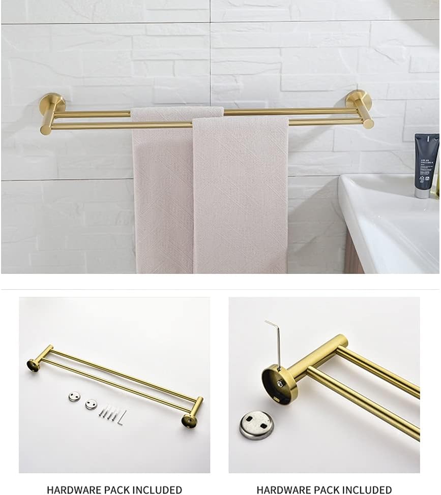 Golden Double Bar Bathroom Towel Rack Wall Mounted Towel Rail, Fashionable Brushed Gold Color Bathroom Hardware Accessories, Set of 2