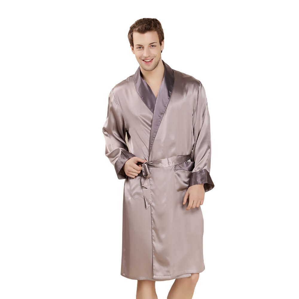 LSHARON Men's 100% Mulberry Silk Long Sleeves Robe Sleepwear Bathrobes Loungewear Nightwear Nightgown (S(Tag L), Grey)
