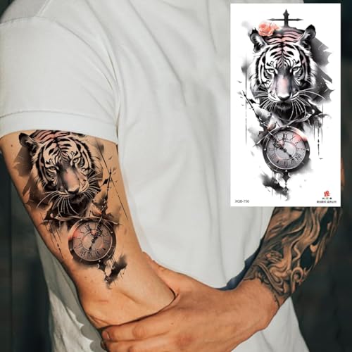 Image of MAYCREATE Temporary Tattoo for Men Women 34 Sheets Large Arm Band Tattoo Sticker, 3D Realistic Armband Tattoo, Body Half Sleeve Hand Tattoo for Women, Assorted Lion Wolf Tiger Skull Fake Tattoos