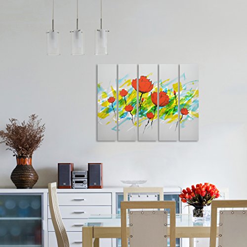 Pure Art Dance Of Tulips - Contemporary Flower Metal Wall Art Painting- Red Abstract Decoration Set Of 5 Panel - Hanging Sculpture Of 34" X 24" Perfect For Bedroom #TOP4