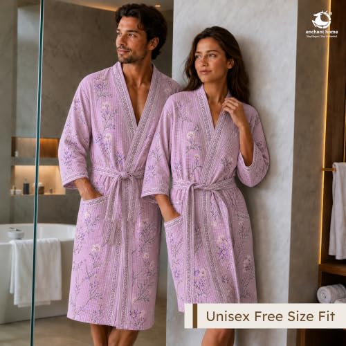 Image of Cotton Waffle Bathrobe for Women and Men, Lightweight Soft Unisex Knee Length Cotton Robe, Premium Comfortable Dressing Gown for Home Loungewear Use and Relaxation Bathrobe
