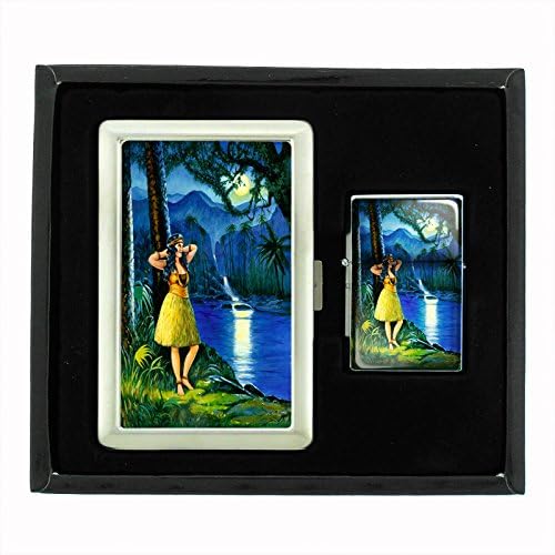 Cigarette Case and Oil Lighter Gift Set Vintage Hawaiian Art Design 002