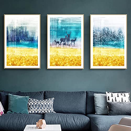 Peinture nordique cerf et paysage Golden Fields pour créer un salon chaleureux