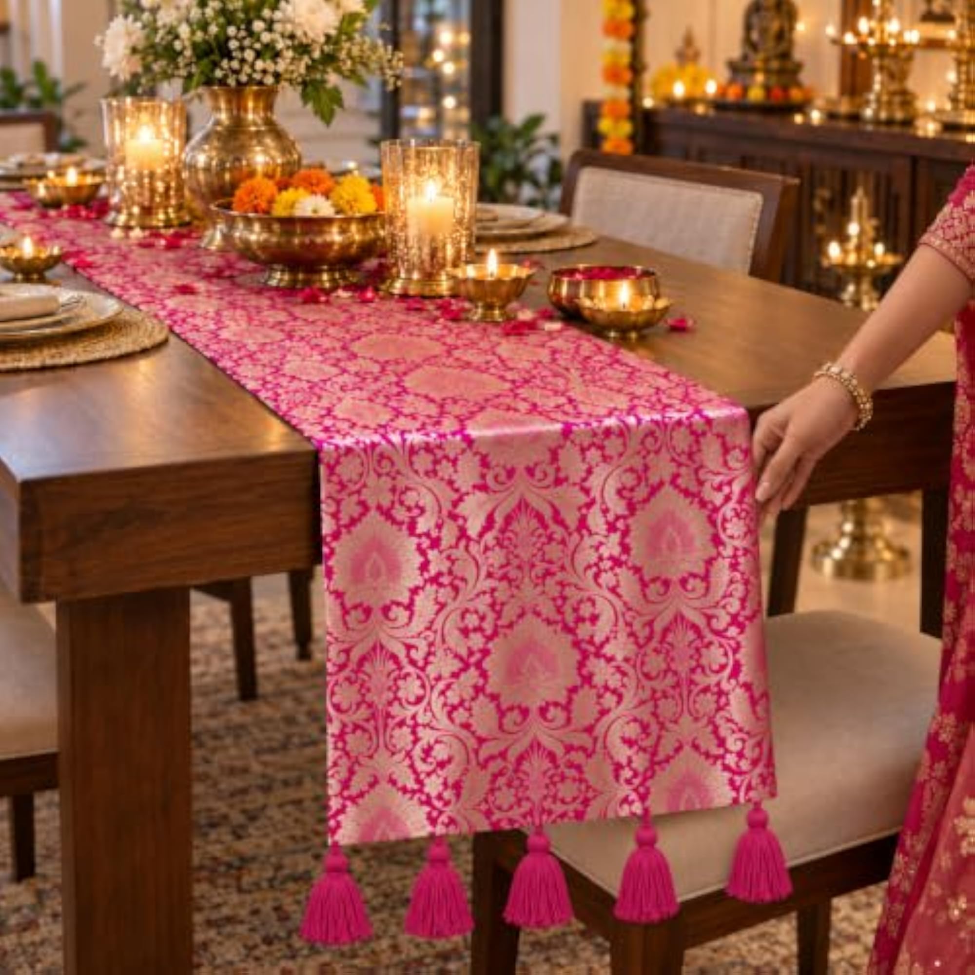 Pink Banarsi Brocade Silk & Gold Jacquard Table Runner