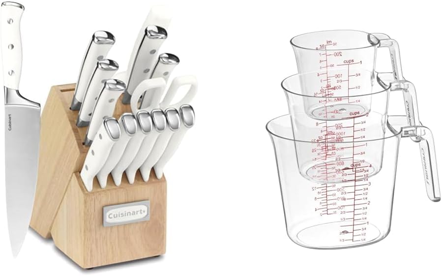 Cuisinart 15-Piece Knife Set with Block, High Carbon Stainless Steel, Forged Triple Rivet, White, C77WTR-15P & Nesting Liquid Measuring Cups, Clear, 3-Piece, CTG-00-3MC