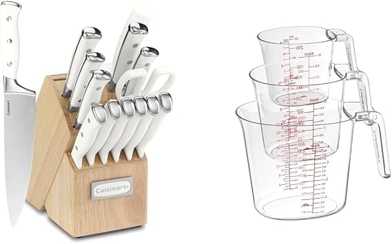 Cuisinart 15-Piece Knife Set with Block, High Carbon Stainless Steel, Forged Triple Rivet, White, C77WTR-15P & Nesting Liquid Measuring Cups, Clear, 3-Piece, CTG-00-3MC