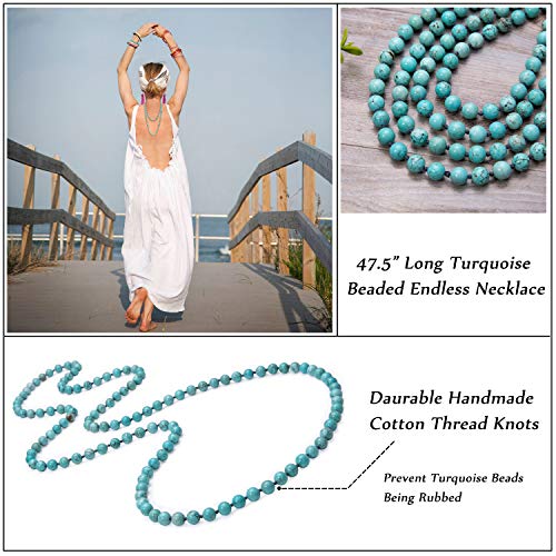 Natural Turquoise Endless Necklace Bohemian Long Beaded Strand Handmade Knotted Jewelry For Women Girls Fashion Multi-Strand Gemstone Necklace For Her 47.5” #TOP3