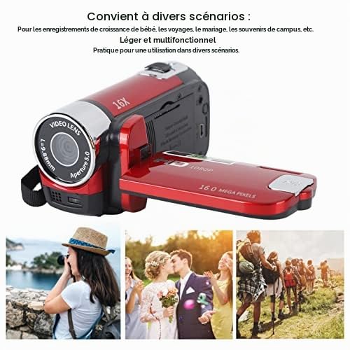 Akozon Caméscope Vidéo Portable, Caméra DV 1080P 16MP Écran Rotatif TFT 2,7 Pouces 16x Vlogging Vidéo pour Enfants Zoom Numérique avec Câble USB Mini Lecteur DV Noir (Rouge)