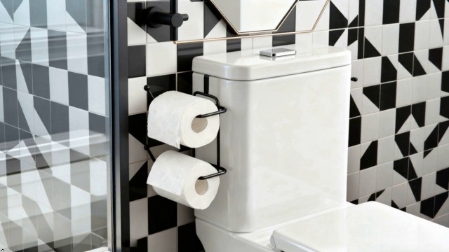 Image of Basicwise 2-pcs Over-The-Side Tank Double Toilet Paper Holder Compact Modern Bathroom Organizer Practical Storage Rack for Extra Rolls Quick & Easy Access for Everyday Use Neat Space Accent, Black
