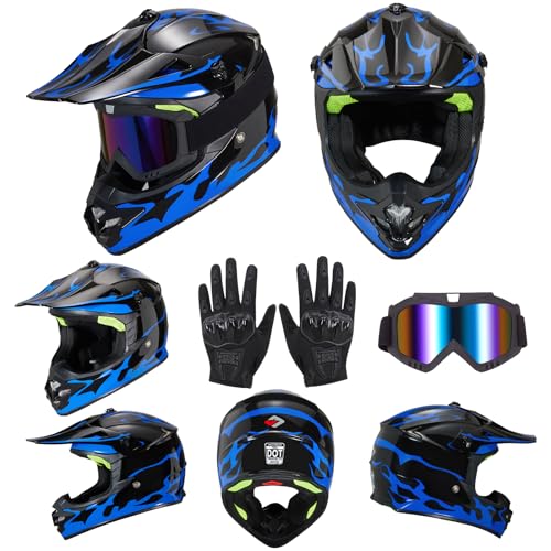 Image of Youth Kids Dirt Bike Helmet for Boys & Girls,F001 Full Face Motorcycle Helmet for Off-Road ATV Street Riding Four Wheeler Mountain Bike with Goggles Gloves,DOT Approved