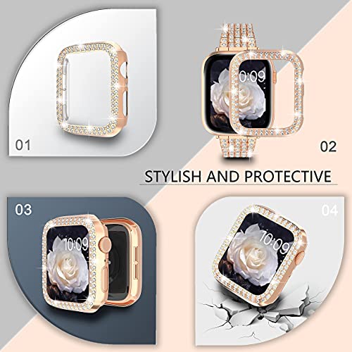 Image of QVLANG Compatible for Apple Watch Band 38mm Series 3 /2 /1, Diamond Rhinestone Case + Women Bling Band Stainless Steel Metal Bracelet for iWatch (Rose Gold, 38mm)
