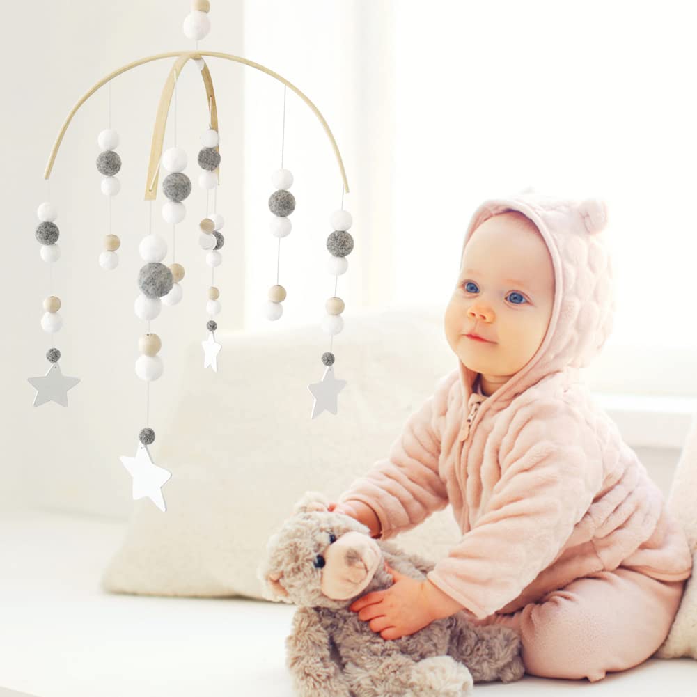 Felt Ball Baby Crib Mobile, Boho Baby Nursery Mobile, Wooden Baby Crib Nursery Mobile Nursery Decor for Boys and Girls