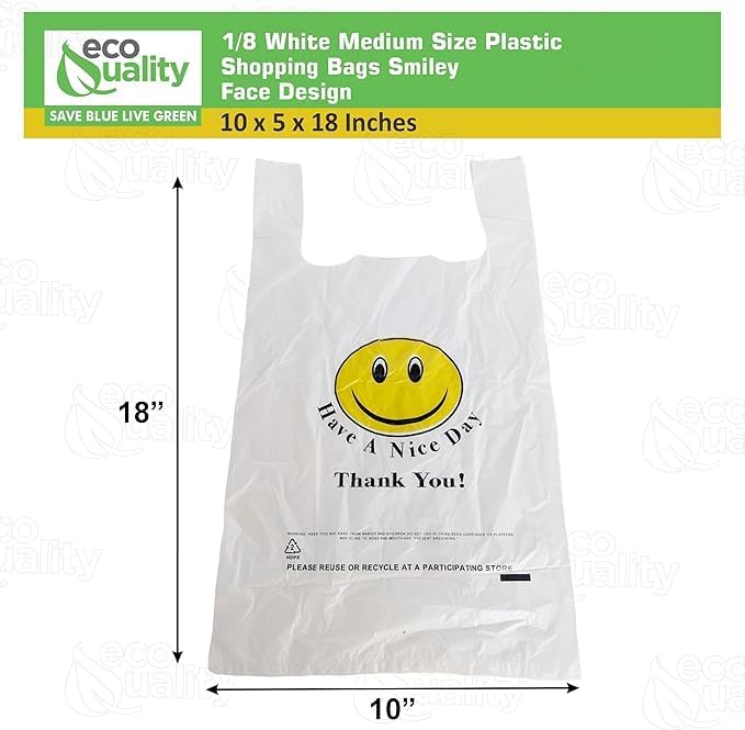 EcoQuality 1/8 Medium White Plastic Shopping Bags 10x5x18 Smiley Face Takeout Bags for Delivery, Grocery, and Restaurant
