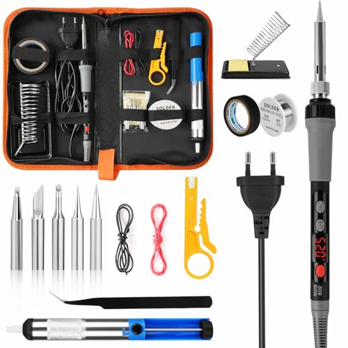 Flintronic Soldadores de Estaño(Upgraded), 80W Kit 15 en 1 Soldador Profesional, con Temperatura Ajustable180℃- 520℃, 5pcs Puntas, Soporte, esponja, Alambre de Soldadura