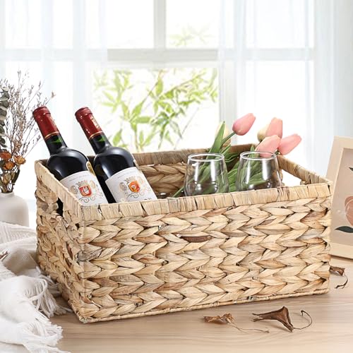 GUSHBIN Natural Water Hyacinth Storage Basket Home Rectangular Organizer with Built-in Handles Square Shallow Bin Large Shelf Basket for Home Decor, 15.9"L x 12"W x 7.1"H - Image 2