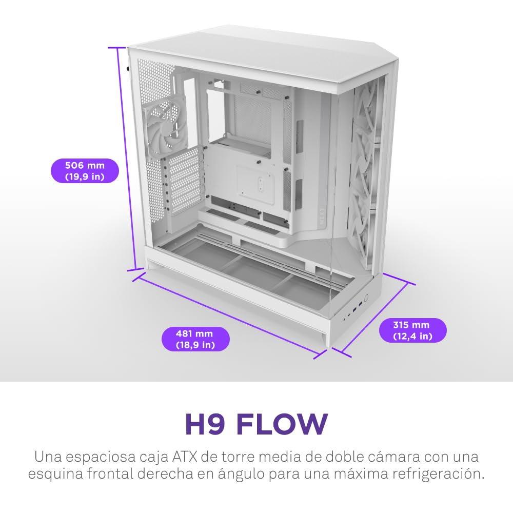 NZXT H9 Flow (2025) – Caja de PC ATX de Torre Media de Gran Flujo de Aire de Doble Cámara – Incluye 3 Ventiladores de 140 mm y 1 de 120 mm – Soporte para radiador de 420 mm – Vidrio Templado – Blanco
