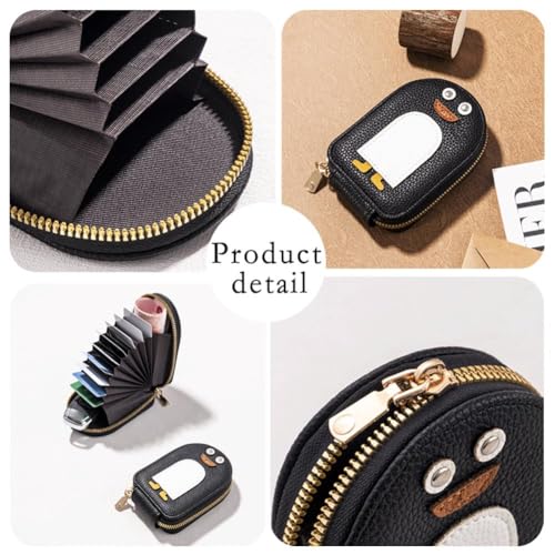 Cute Penguins PU Credit Card Coin Wallet, Small Genuine Leather Wallet for Women, Credit Card Wallet with Zipper, Portable multi slot credit card holder (Black)3