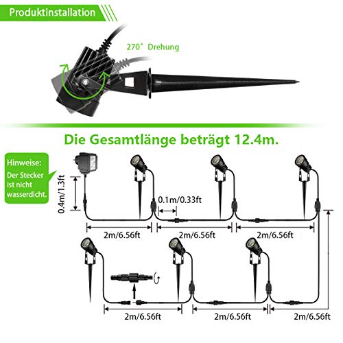 Gartenbeleuchtung B-right 6 in 1 Gartenleuchte mit Erdspieß, 6er Set 3W Gartenstrahler mit Stecker, Gartenlicht Gartenlampe mit Kabel, 1800 Lumen, IP65 Wasserdicht Rasenstrahler Rasenlicht für Außen - 3