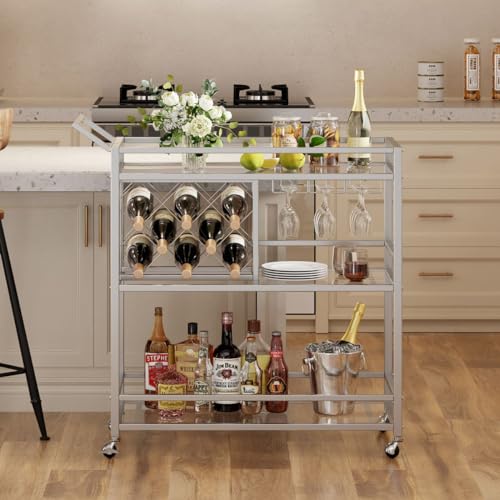 Image of FATORRI Bar Cart Silver, Bar Carts for The Home, Home Bar Serving Carts for Liquor, Rolling Wine Cart with 3 Tier Mirrored Shelves on Wheels for Alcohol and Beverage (Silver)