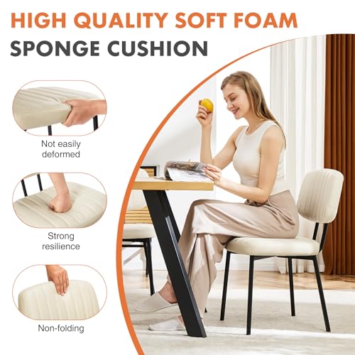 Sweetcrispy Dining Chairs Set of 2, Upholstered Mid Century Modern Kitchen Accent Chairs with Faux Leather Cushion Seat & Metal Legs for Home Office, Living Room-Beige White - Image 4