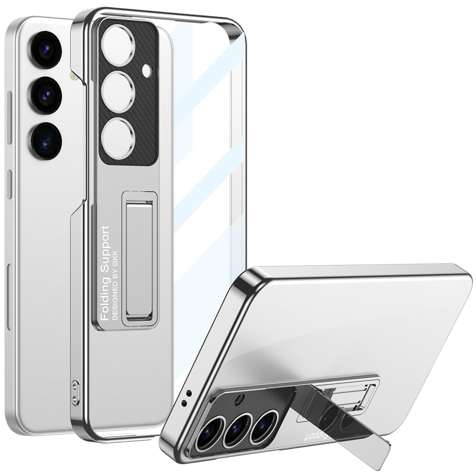Miimall Slim Case for Galaxy S24 Case with Kickstand, Raised Full Camera Protector Hard PC Clear Anti-Yellow Thin Anti-Scratch Shockproof Phone Cover for Samsung S24 Case Stand, Silver