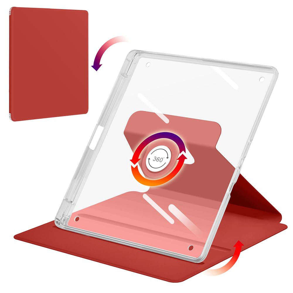 Case for Kindle Scribe 1th Generation 2022 10.2 inch with Built-in Pencil Holder, 360 Degree Rotating Folio Stand Cover, Premium Shockproof Auto Wake/Sleep and Flexible Viewing Angles (Red)