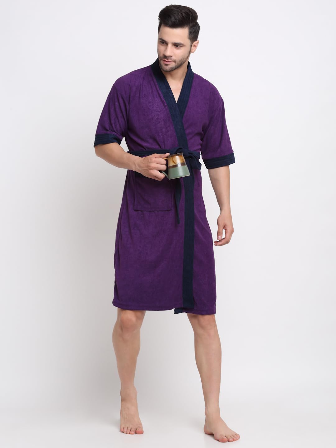 CREEVA Everyday Unisex Micro Terry Bathrobe Collection With kimono collar and 1 Pocket, 3/4 Sleeve Bath Robe Super Soft Light Weight - Indigo & Navy - Image 4 thumbnail