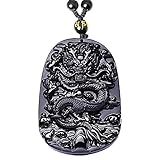 Dragon Necklace Black Obsidian Animal Amulet Protection Pendant with Adjustable Bead Chain Chinese Lucky Dragon Necklace Jewelry Gifts for Men Women