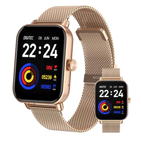 Digitec Montre connectée Square dorée-Rose avec Bracelet en Acier Maille milanaise dorée-Rose, Homme Femme, Suivi activité et Sommeil