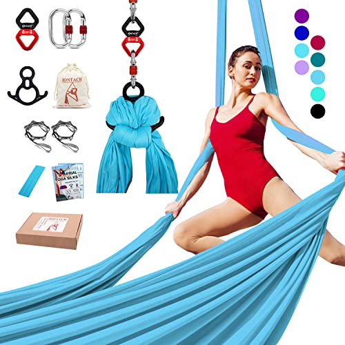 IONTACH Aerial Silks Yoga Swing Set Equipment - 9 Yards Aerial Yoga Hammock kit, Low-stretch fabrics for Beginner Dance, Full Accessories (Sky Blue)