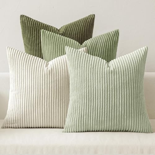 Image of MIULEE Boho Farmhouse Throw Pillow Covers 20x20 Inch Set of 4 Mordern Neutral Green Cushion Covers Soft Corduroy Nordic Home Decor for Spring Couch Bed Sofa Living Room Green-White