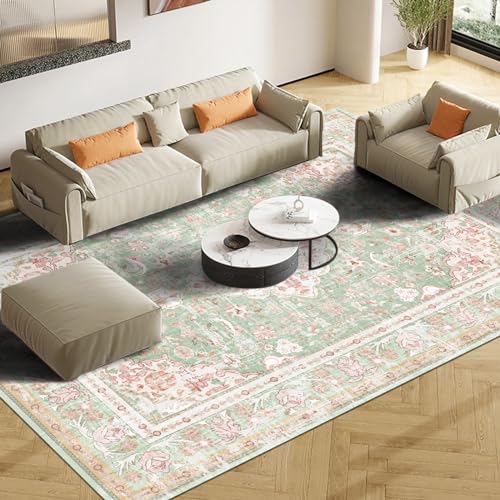 Tapete grande boho vintage lavable 5x7 verde y rosa miniatura 3