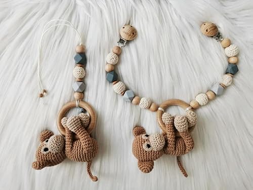 mallilu Koko Set Kinderwagenkette + Babyschale Anhänger Koala gehäkelt (Charlie grau) Cover