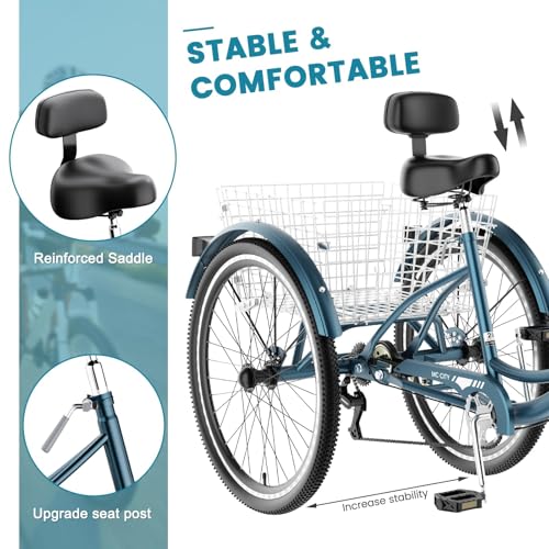 Image of Adult Tricycle, 7 Speed Adult Trike, 20 /24 /26 inch 3 Wheel Bike with Basket | Low Step-Through Frame, Wide Seat with Backrest, 350 lbs Capacity, Tricycle for Adults, Seniors, Women and Men