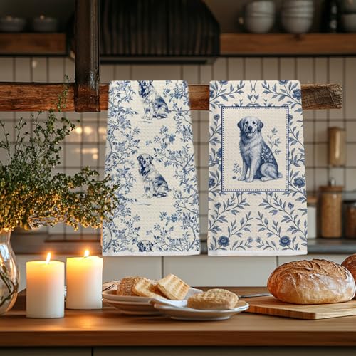 Image of Blue Chinoiserie Golden Retriever Kitchen Towels, Gifts for Golden Retriever Lovers Dish Tea Towels for Kitchen, Vintage French Toile Dog Decorative Hand Towel for Bathroom, 16x24 Inch Set of 2