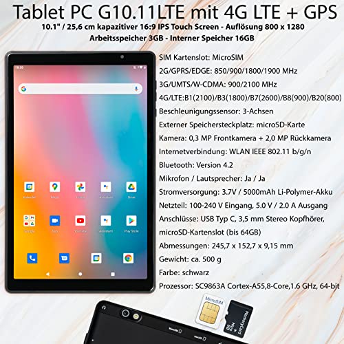 Jay-tech® Tablet PC G10.11 4G/LTE (10,1 Zoll, 1280x800, HD, Touch) Tablet-PC (Cortex-A55, 1,6 GHz, 64-bit, 3GB RAM, 16GB, Wi-Fi, Android 11) schwarz - Image 3