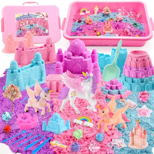 Geebiiny Magic Play Sand Set Unicorn Gifts & Toys for Girls 3-10 Year Old - 3 Colours 900g Unicorn Play Sand - All in One Sand Playset No Mess - Presents for Girls