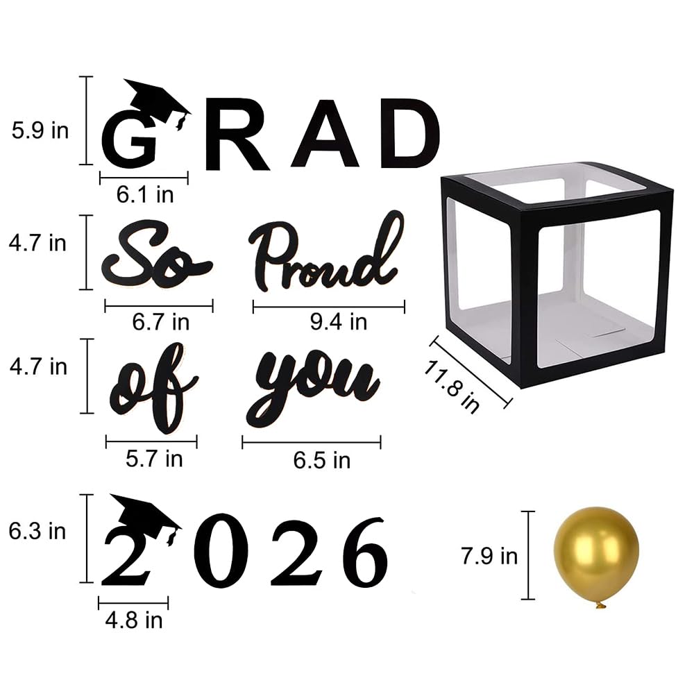 2026 Graduation Party Decorations - Black Balloon Boxes with Letters, "GRAD" & "So Proud of You" & "2026", 20pcs Balloons, Graduation Photo Props for High School College Class of 2026 Celebration — Amazon image 4