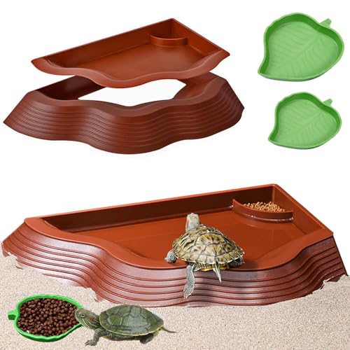 Tortoise Water Bowl with Ramp 3PCS Leaf Reptile Food Water Bowl Turtle Pool Reptile Water Dish Tortoise Bathing Pool Turtle Soaking Dish Aquarium Habitat Accessories Small