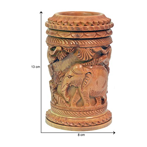 Image of Craft Trade 13x8 Cm Wooden Hand Carved Pen Stand Pencil Holder - Brown Elephant