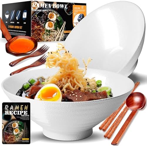 8-Inch Large Ceramic Ramen Bowl Set of 2 (9 Piece) - Microwave & Dishwasher Safe Porcelain Japanese Salad Noodles Cereal Fruit Pasta Soup Bowls with Recipes Chopsticks Forks Spoons for Men Women Gift
