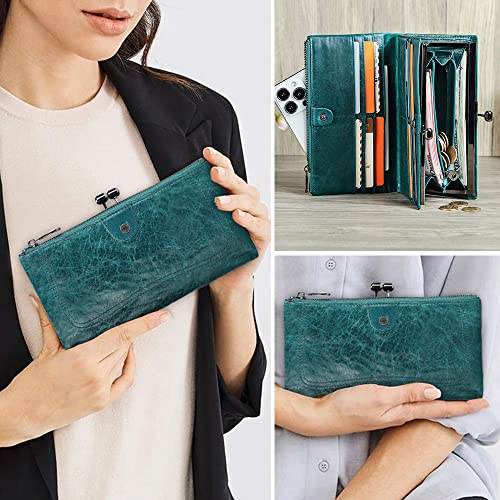 CONTACTS Full Grain Leather Kiss Lock Wallet for Women Vintage Kiss Clasp Wallet Coin Purse RFID Bifold Phone Wallet Card Holder (Peacock Blue)2