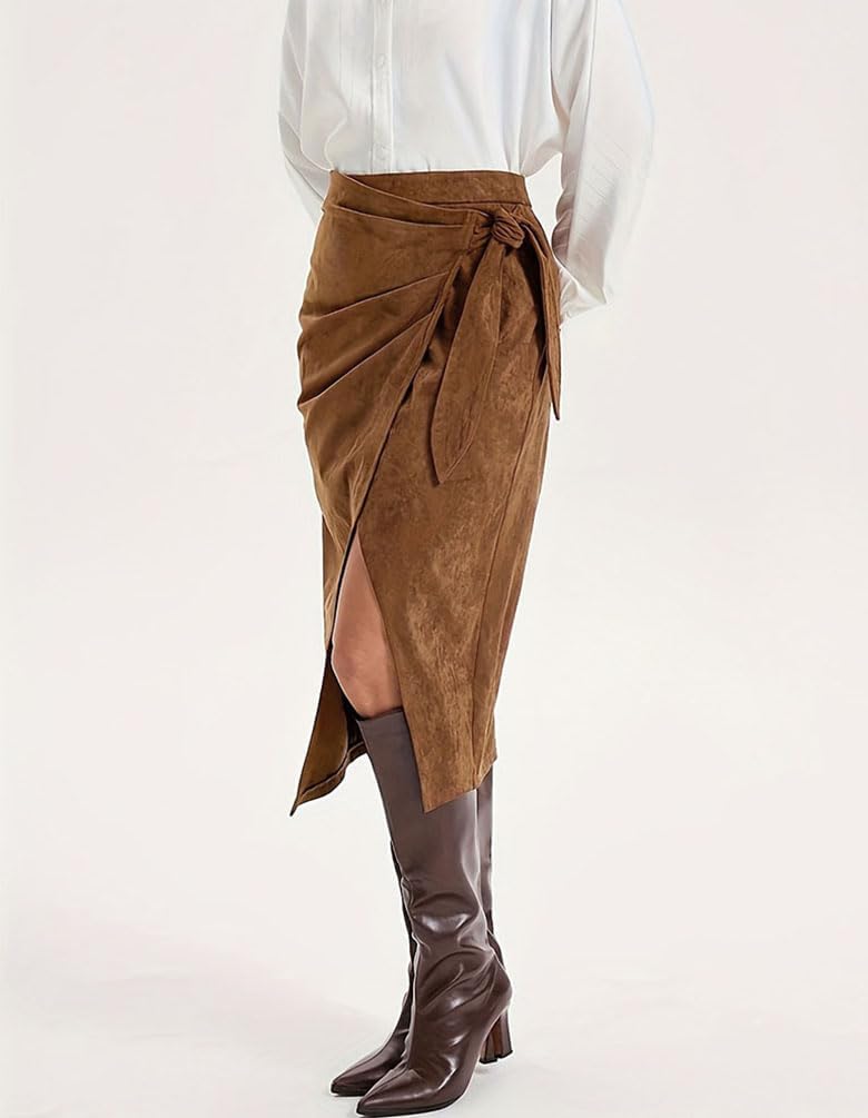 Faux Suede Skirts for Women Fall Winter High Waisted Pencil Bodycon Bow Tie Long Midi Skirt with Slit