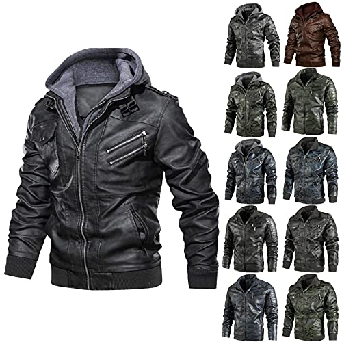 CHUJIAN Hood Crew Menâs Casual Stand Collar PU Faux Leather Zip-Up Motorcycle Bomber Jacket With a Removable Hood, model, Black, Large