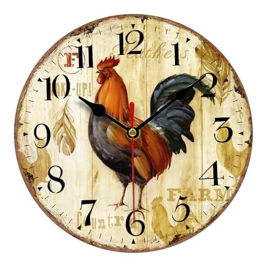 VIKMARI Kitchen Wall Clock 8 Inch Rustic Vintage Rooster Silent Non Ticking Round Quartz Wooden
