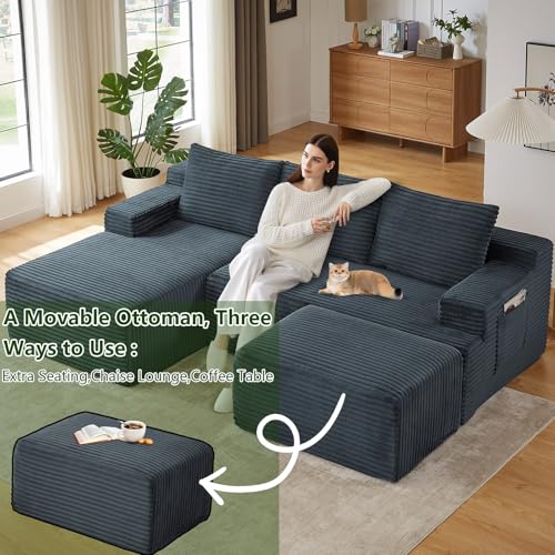 Image of 96.1 inch Modular Sectional Sofa with Ottoman, Modern Corduroy Cloud Couch, Boneless Couch Upholstered 3-Seater U-Shaped Sofa for Living Room, No Assembly (Dark Grey, Right-Facing Chaise)
