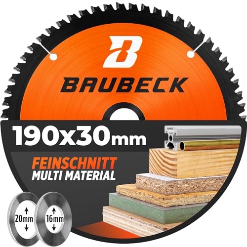 BAUBECK Multi Materiale Lama sega circolare 190 x 30 - Lama per sega circolare 190mm per legno, alluminio e molto altro - Anello di riduzione per 190 x 20 e per 190 x 16 (20/16mm)