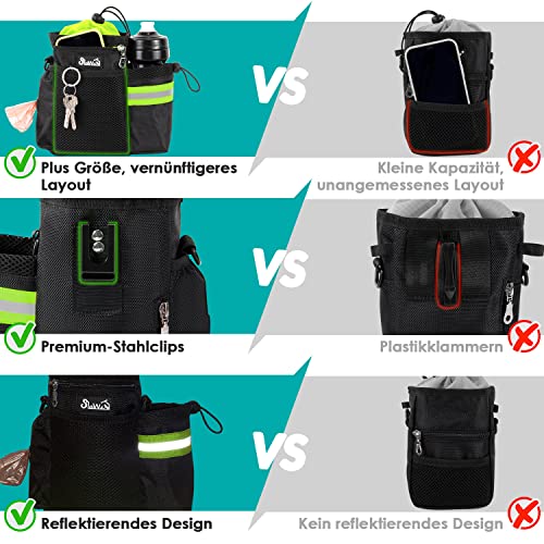 Eyein Leckerlibeutel für Hunde, Futterbeutel Hunde mit Kotbeutelspender und Wasserflaschenhalter, DREI Verwendungsarten-Hunde Leckerlitasche mit Verstellbarer Schultergurt/Gürtel/Gürtelclip, Grün